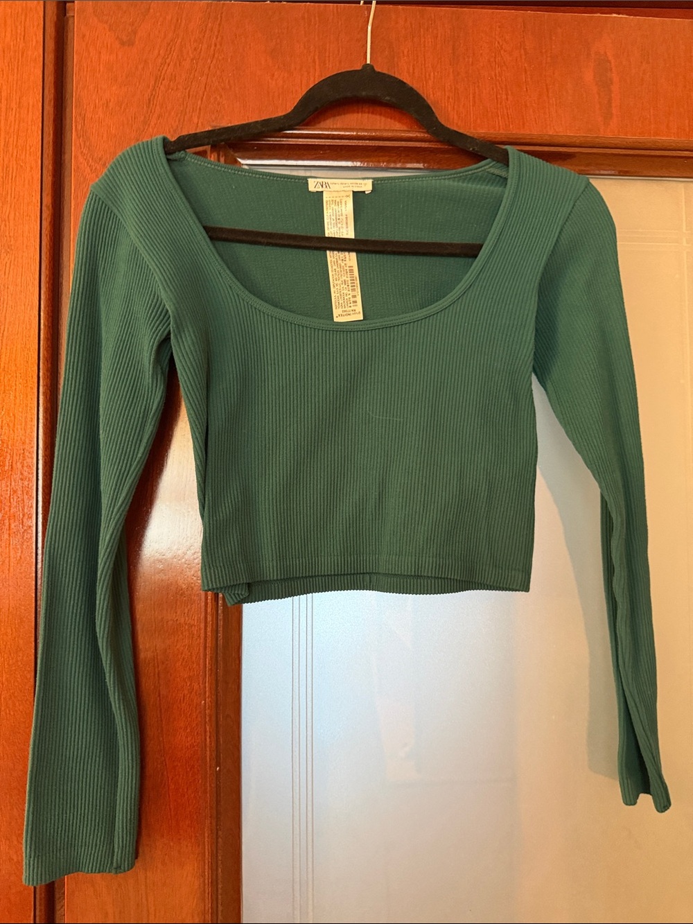 Zara Teal Ribbed Long-Sleeve Scoop Crop Top